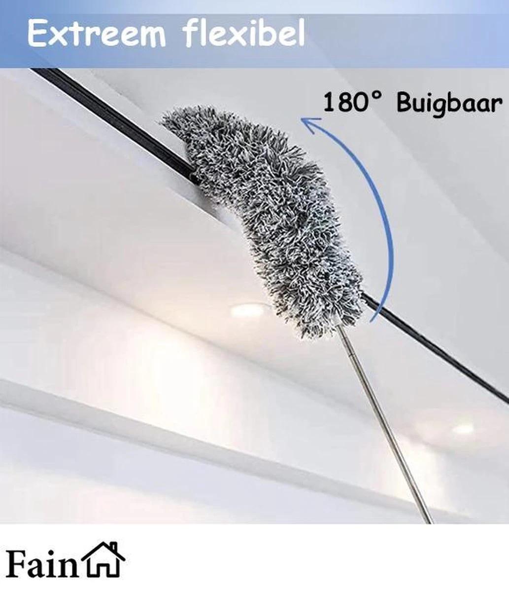 Fain® Plumeau Met Telescoopsteel – Grijs – 80 Tot 280 Cm - Uitschuifbaar – Wasbaar - Flexibel 360° Draaibaar – Duster - Microvezel Ragebol - Afbeelding 12