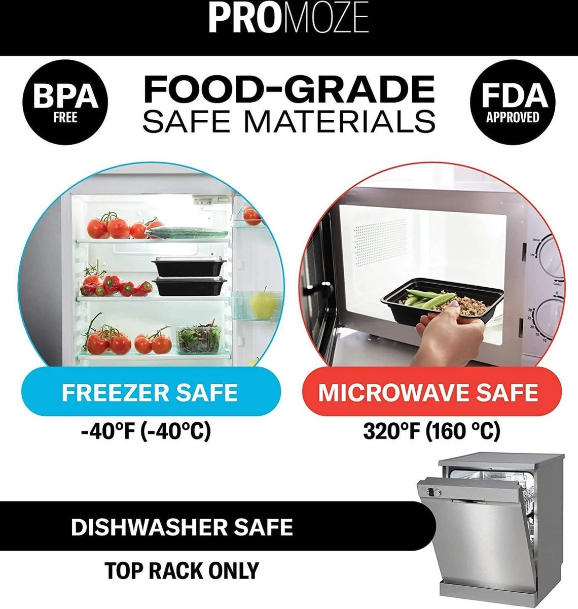 Buxibo - 50 Meal Prep Bakjes - Salade/Lunch Box - Diepvriesbakjes - Vershoudbakjes - Plastic Bakjes Met Deksel - Vershouddoos - Magnetron Vaatwasser Bestendig - 24 Oz/0.7 Liter Inhoud - Herbruikbaar - Kunststof - BPA Vrij - Zwart - Afbeelding 3