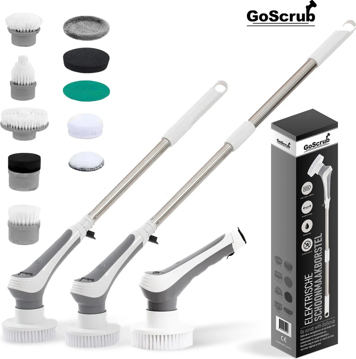GoScrub® Elektrische Schoonmaakborstel – Elektrische Schrobber - Schrobborstel – Voor Badkamer Of Keuken – Schrobber Met Steel – Luiwagen – Polijstmachine - Poetsmachine Met 10 Opzetstukken