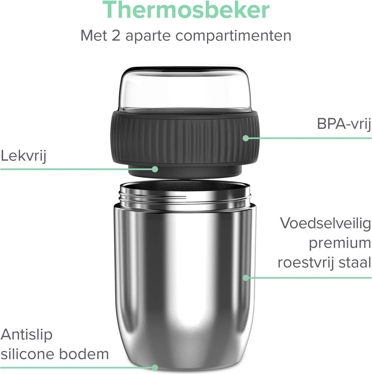 Coninx Thermos Lunchbox - Muesli Beker To Go - Isoleer Lunchpot - Yoghurtbeker To Go - Mueslibeker 840ml (600ml+240ml) - RVS - Afbeelding 4