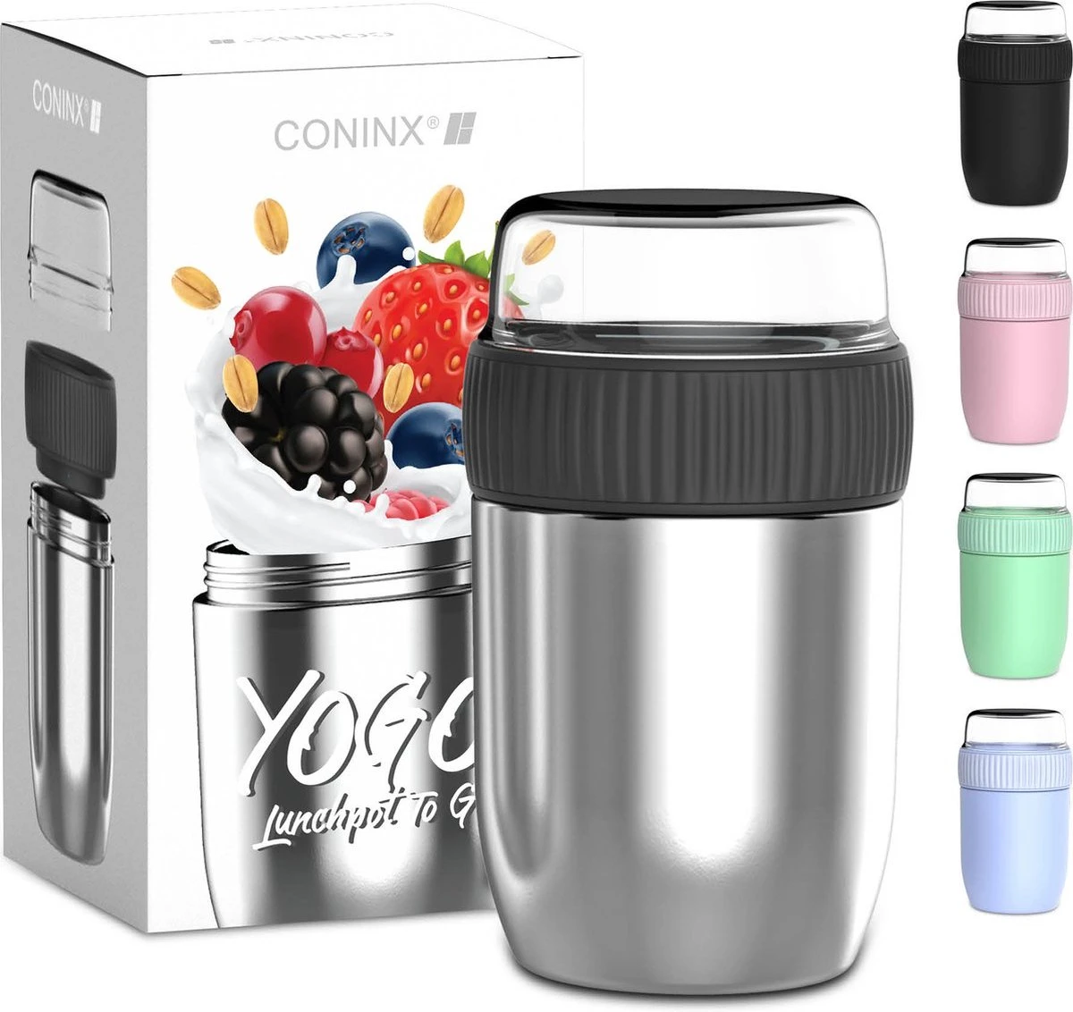 Coninx Thermos Lunchbox - Muesli Beker To Go - Isoleer Lunchpot - Yoghurtbeker To Go - Mueslibeker 840ml (600ml+240ml) - RVS