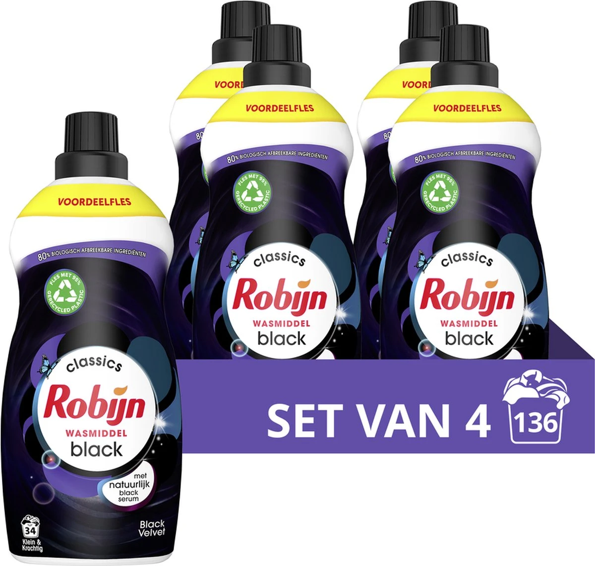 4x Robijn Klein & Krachtig Wasmiddel Black Velvet 1,19 Liter