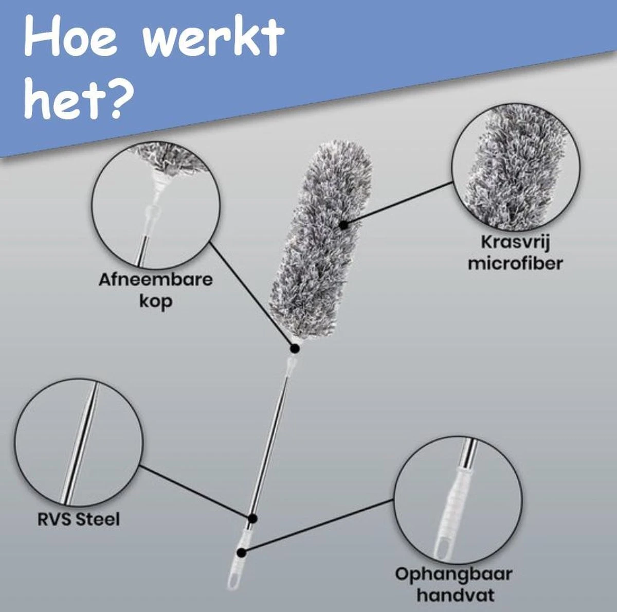 Fain® Plumeau Met Telescoopsteel – Grijs – 80 Tot 280 Cm - Uitschuifbaar – Wasbaar - Flexibel 360° Draaibaar – Duster - Microvezel Ragebol - Afbeelding 5