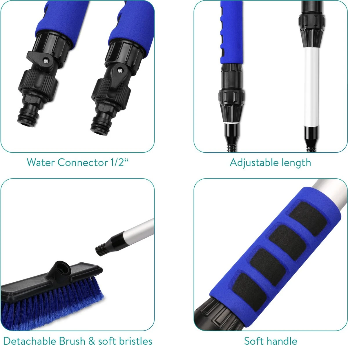 Navaris Telescopische Autowasborstel - Watergevoerde Wasborstel Voor Auto's En Ramen Met Uitschuifbare Lange Handgreep En Zachte Haren - Blauw - Afbeelding 6