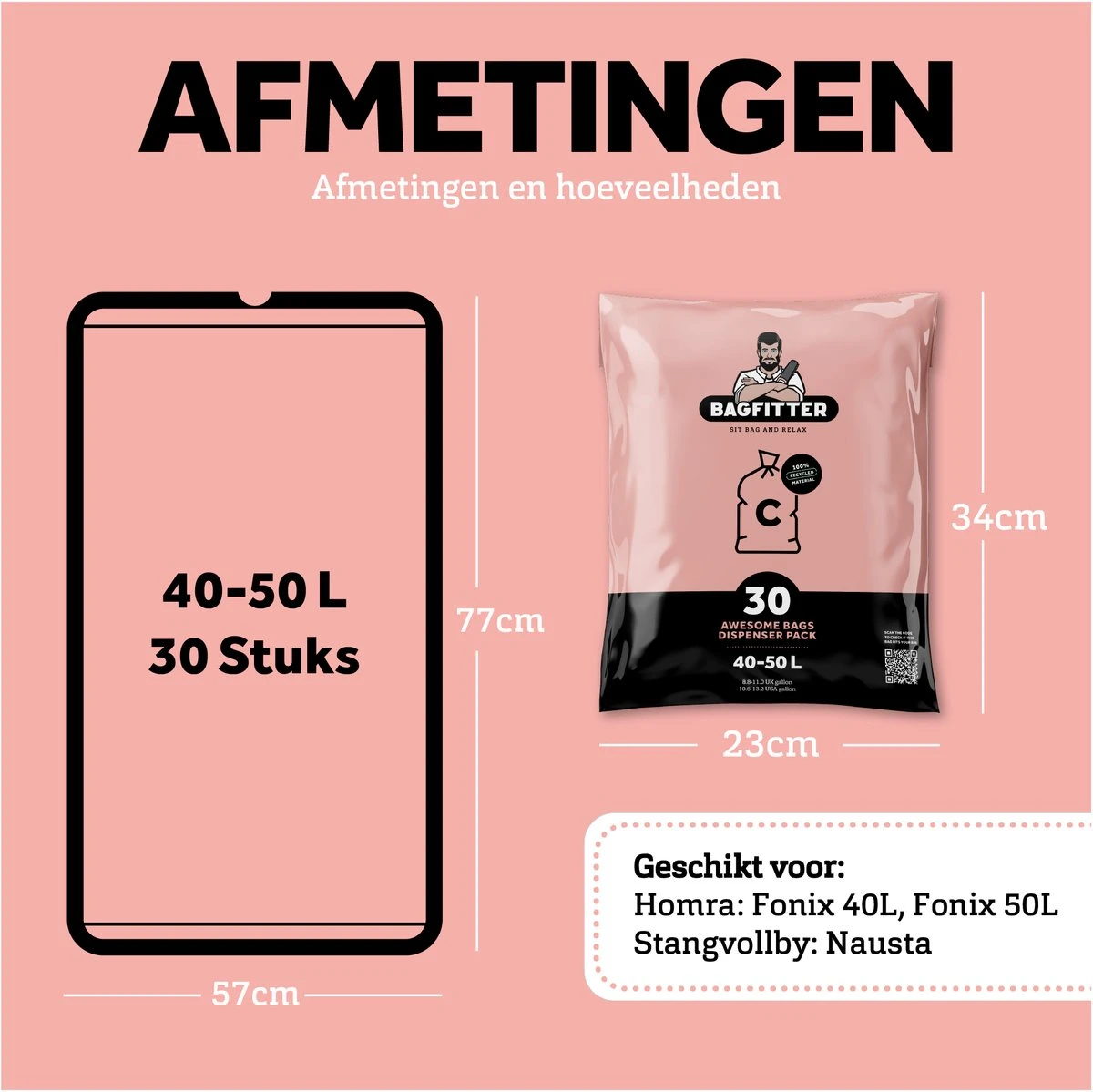 BagFitter Roze C 40L Tot 50L Vuilniszak Met Trekband Van 100% Gerecycled Plastic - 77cm X 57cm - 30 Stuks - 40-50 Liter - Vuilniszakken - Afvalzakken - Prullenbakzakken Geschikt Voor O.a. Homra Fonix En StangVollby Nausta - Afbeelding 2