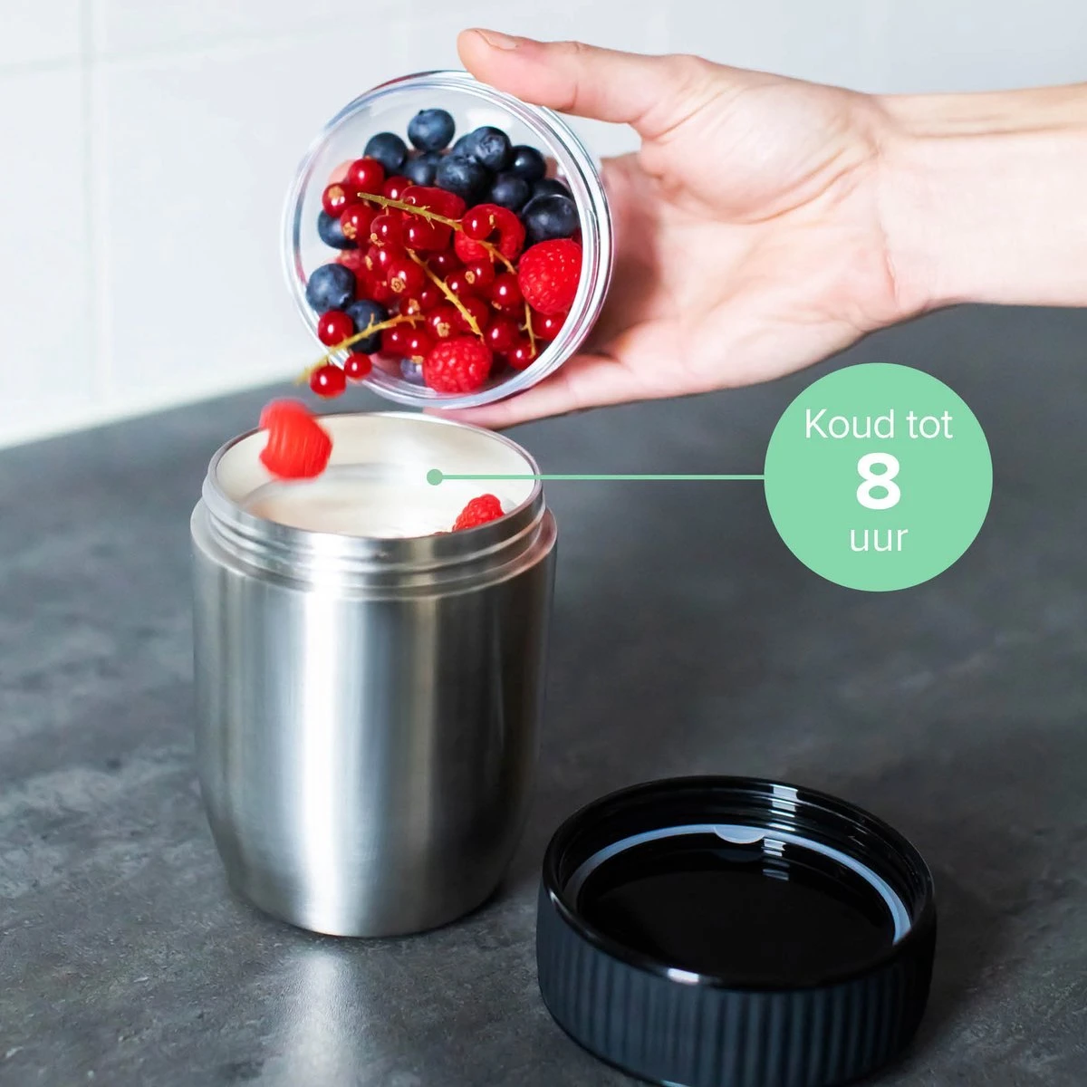 Coninx Thermos Lunchbox - Muesli Beker To Go - Isoleer Lunchpot - Yoghurtbeker To Go - Mueslibeker 840ml (600ml+240ml) - RVS - Afbeelding 6