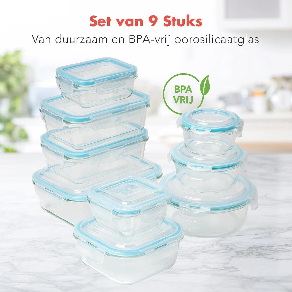 KitchenBrothers Meal Prep Bakjes - Set - Luchtdicht - BPA Vrij - Glas - 9 Stuks - Afbeelding 2