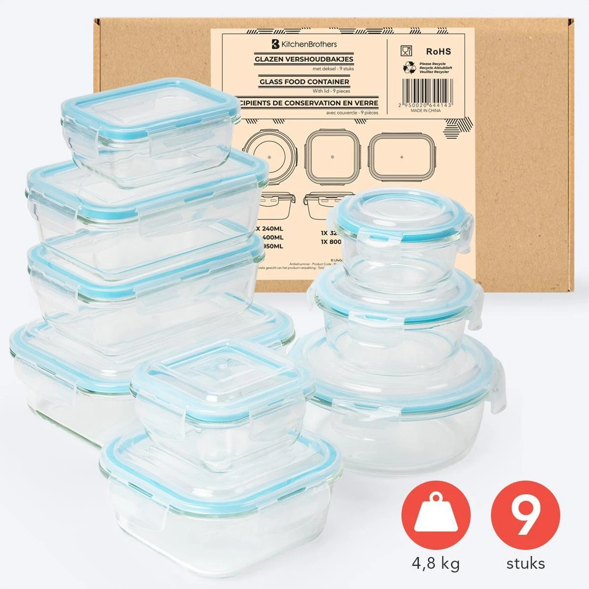 KitchenBrothers Meal Prep Bakjes - Set - Luchtdicht - BPA Vrij - Glas - 9 Stuks - Afbeelding 9