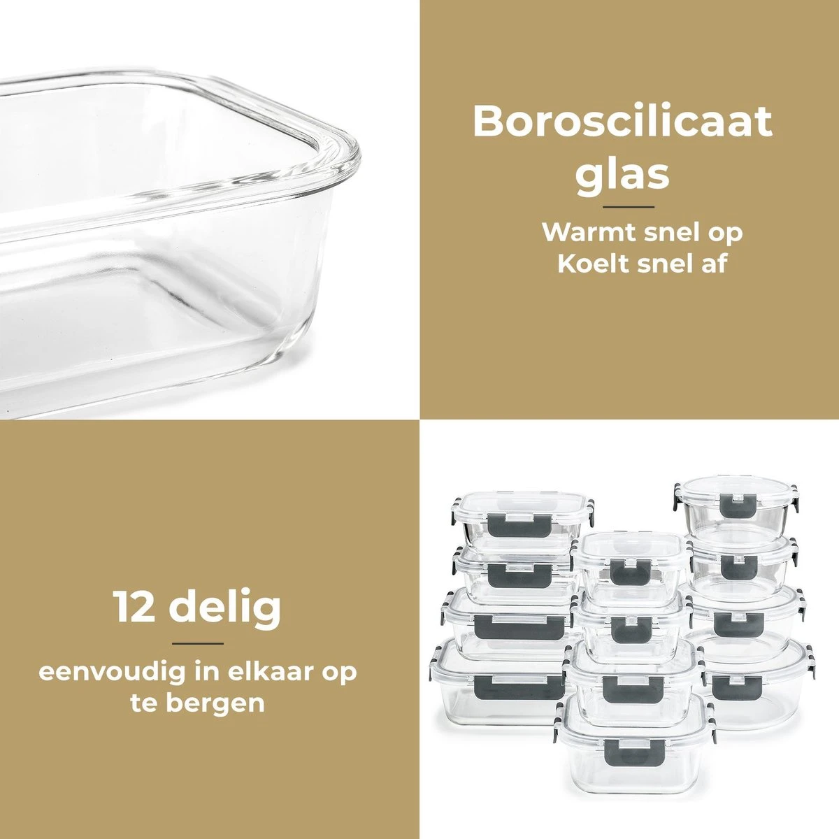 Vershoudbakjes - Meal Prep Bakjes - Diepvriesbakjes - Vershouddoos - Vershoudbakjes Set - Glas - 12 Stuks - BPA Vrij - Stosh - Afbeelding 4