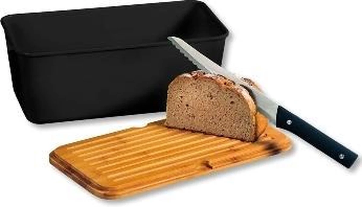 Melamine Broodtrommel Met Bamboe Snijplank | Brood Bewaar Doos Met Hoge Kwaliteit Bamboe Snij Plank | Met Bamboe Deksel, Te Gebruiken Als Brood Snijplank | Afm. 34 X 18 X 14 Cm. | Kleur Brood Trommel: ZWART - Afbeelding 2