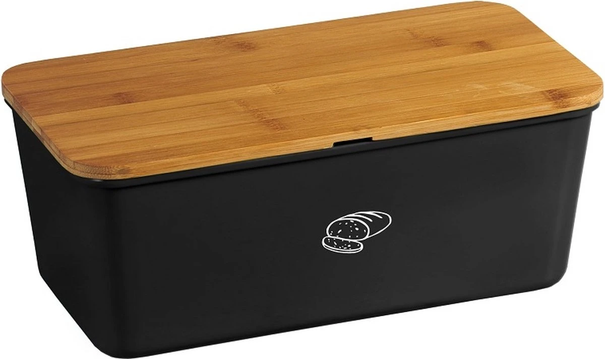 Melamine Broodtrommel Met Bamboe Snijplank | Brood Bewaar Doos Met Hoge Kwaliteit Bamboe Snij Plank | Met Bamboe Deksel, Te Gebruiken Als Brood Snijplank | Afm. 34 X 18 X 14 Cm. | Kleur Brood Trommel: ZWART - Afbeelding 3