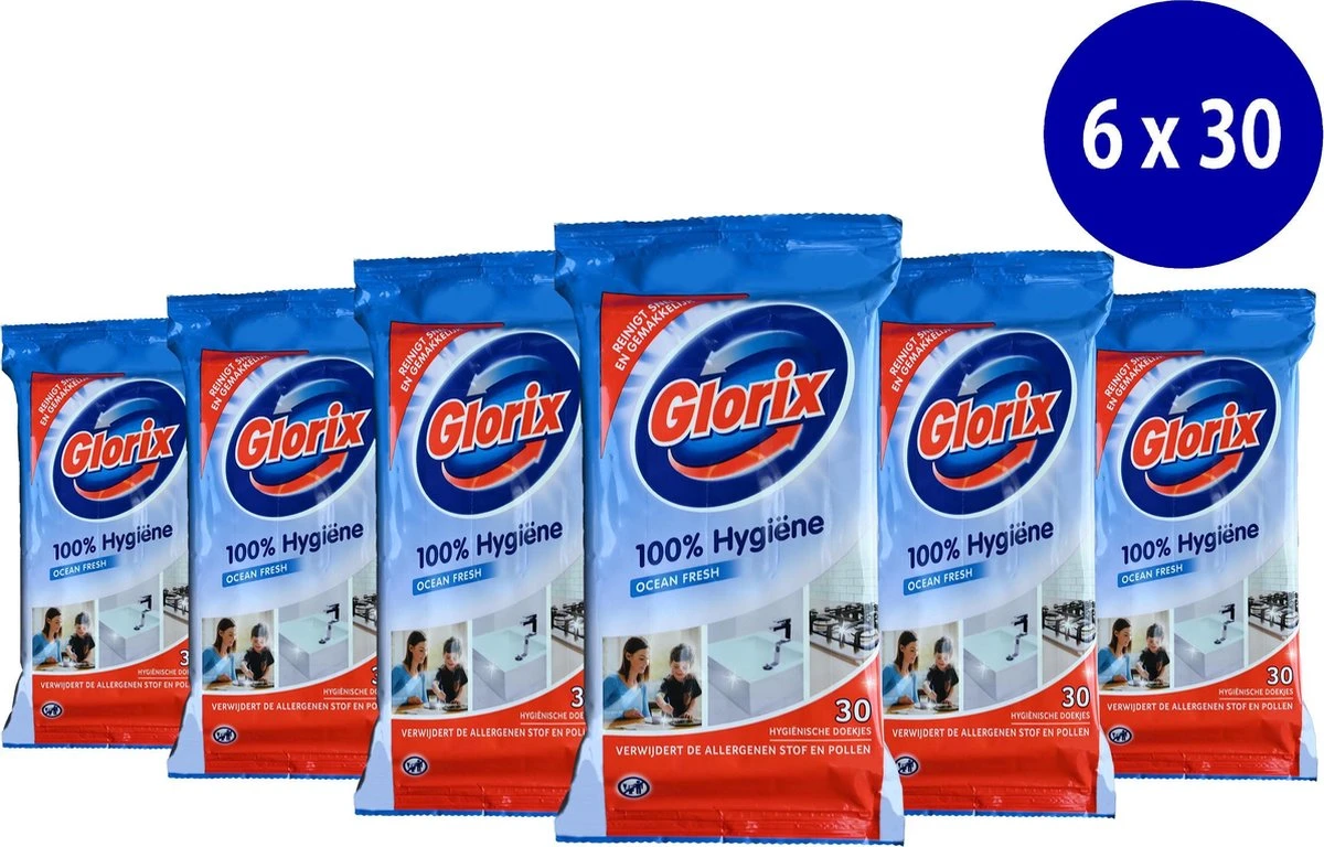Glorix Doekjes Ocean - 100% Hygiene - 6 X 30 = 180 Vochtige Schoonmaakdoekjes