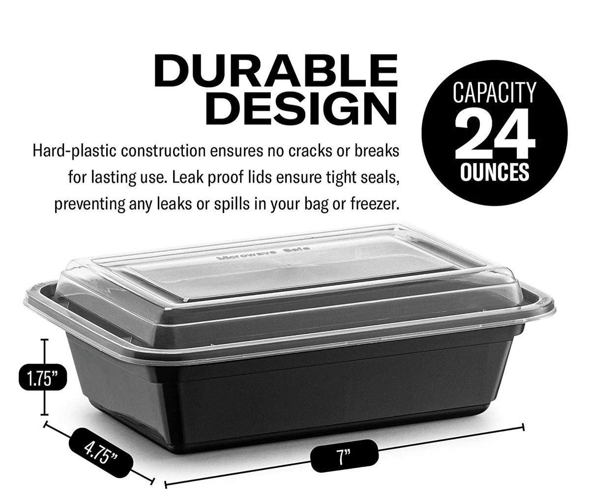 Buxibo - 50 Meal Prep Bakjes - Salade/Lunch Box - Diepvriesbakjes - Vershoudbakjes - Plastic Bakjes Met Deksel - Vershouddoos - Magnetron Vaatwasser Bestendig - 24 Oz/0.7 Liter Inhoud - Herbruikbaar - Kunststof - BPA Vrij - Zwart - Afbeelding 5