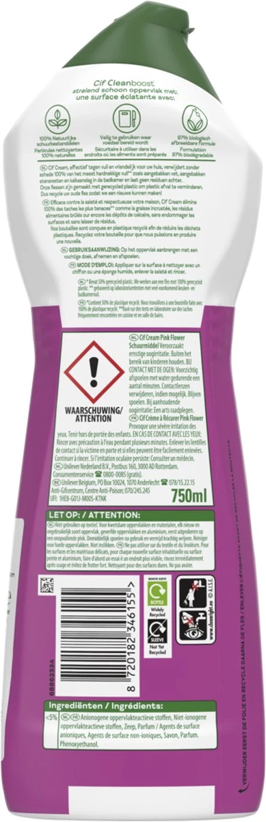Cif CleanBoost Cream Pink Schuurmiddel - 8 X 750 Ml - Voordeelverpakking - Afbeelding 6