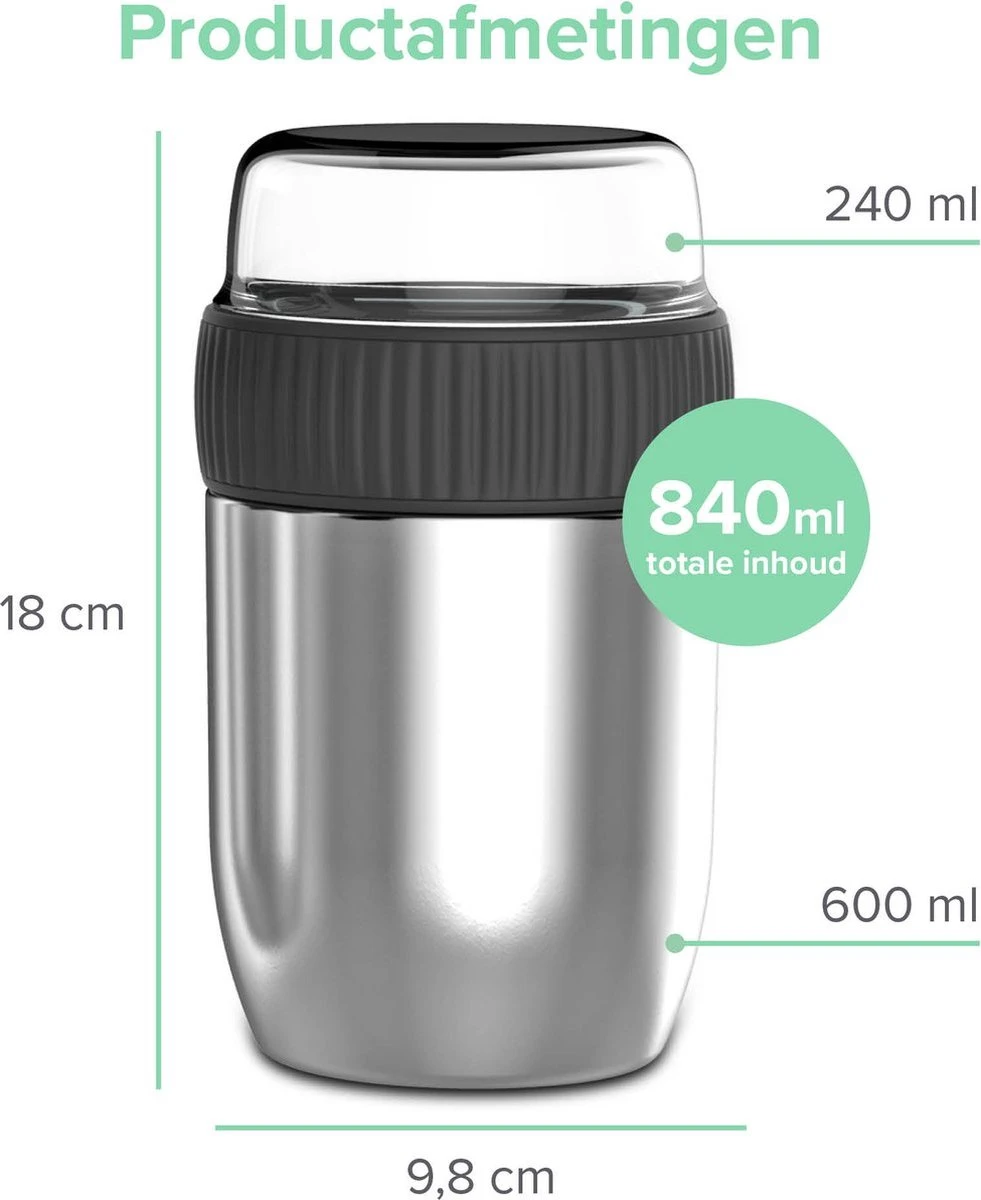 Coninx Thermos Lunchbox - Muesli Beker To Go - Isoleer Lunchpot - Yoghurtbeker To Go - Mueslibeker 840ml (600ml+240ml) - RVS - Afbeelding 3